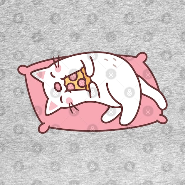 Cute White Cat Eating Pizza On Pillow by rustydoodle